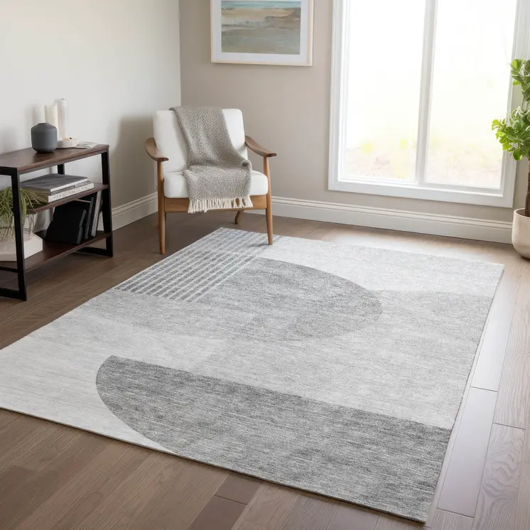 9' X 12' Gray Silver And Ivory Geometric Washable Indoor Outdoor Area Rug