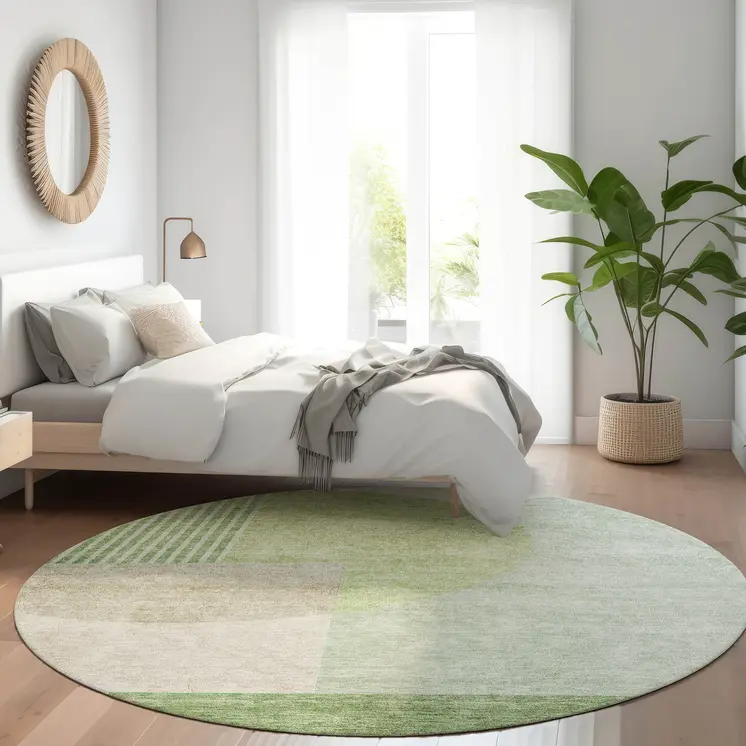 8' Olive Green And Artichoke Green Round Geometric Washable Indoor Outdoor Area Rug