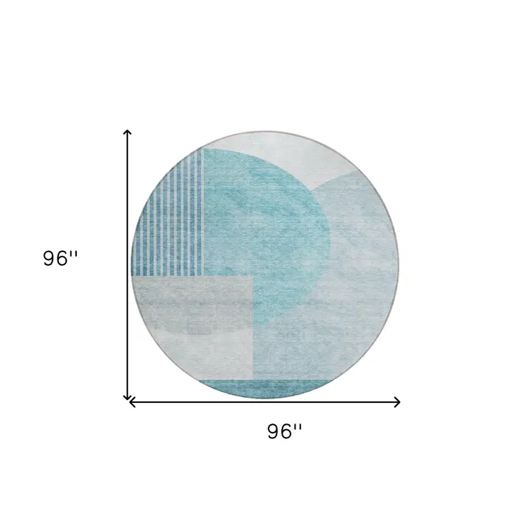 8' Teal Blue And Silver Round Geometric Washable Indoor Outdoor Area Rug