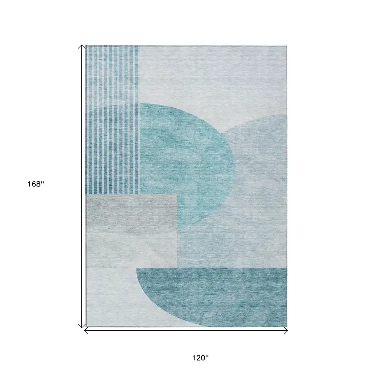 10' X 14' Teal Blue And Silver Geometric Washable Indoor Outdoor Area Rug