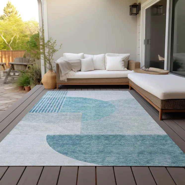 10' X 14' Teal Blue And Silver Geometric Washable Indoor Outdoor Area Rug
