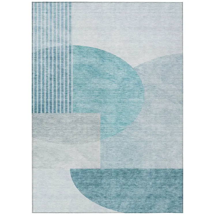 10' X 14' Teal Blue And Silver Geometric Washable Indoor Outdoor Area Rug