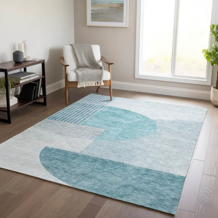 10' X 14' Teal Blue And Silver Geometric Washable Indoor Outdoor Area Rug