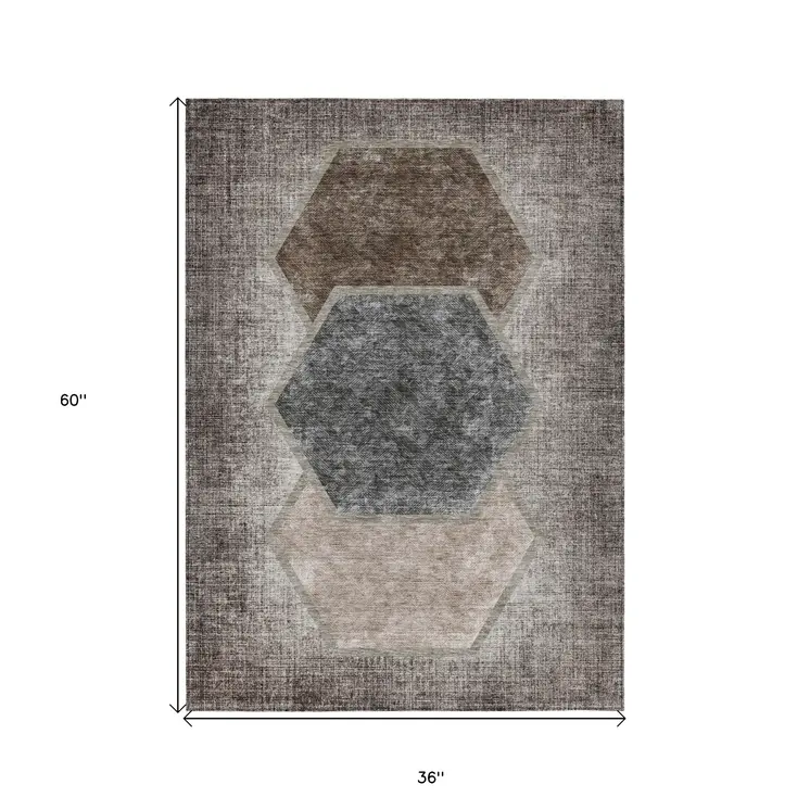 3' X 5' Chocolate And Taupe Geometric Washable Indoor Outdoor Area Rug