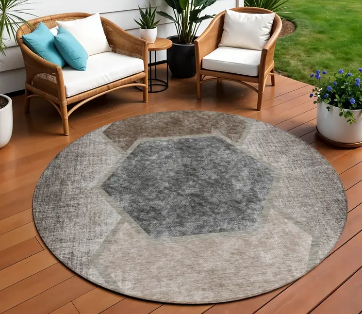 8' Chocolate And Taupe Round Geometric Washable Indoor Outdoor Area Rug