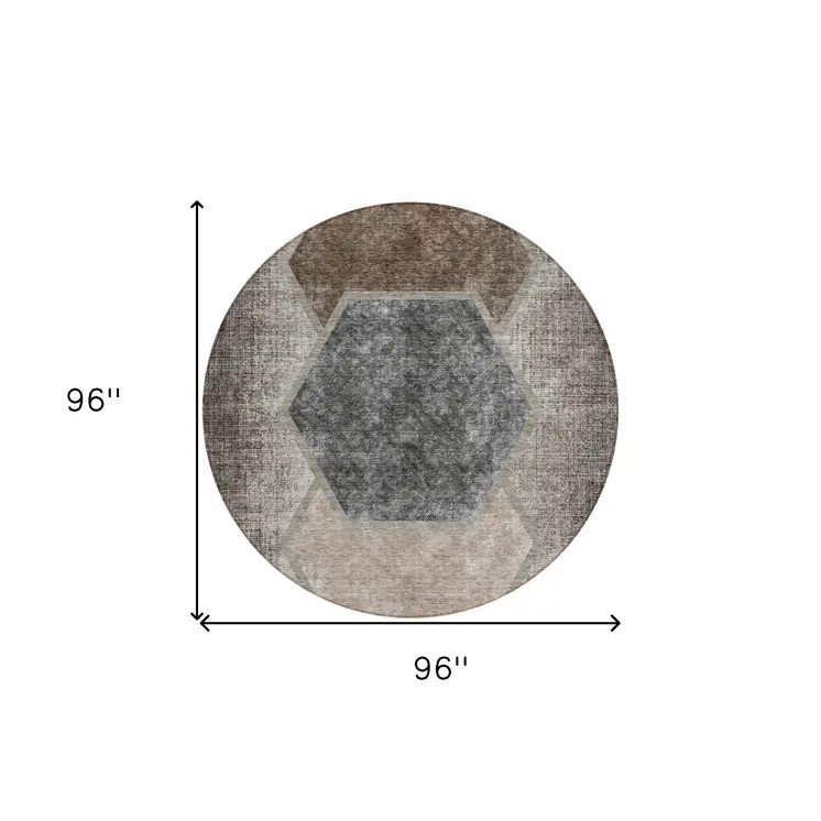 8' Chocolate And Taupe Round Geometric Washable Indoor Outdoor Area Rug