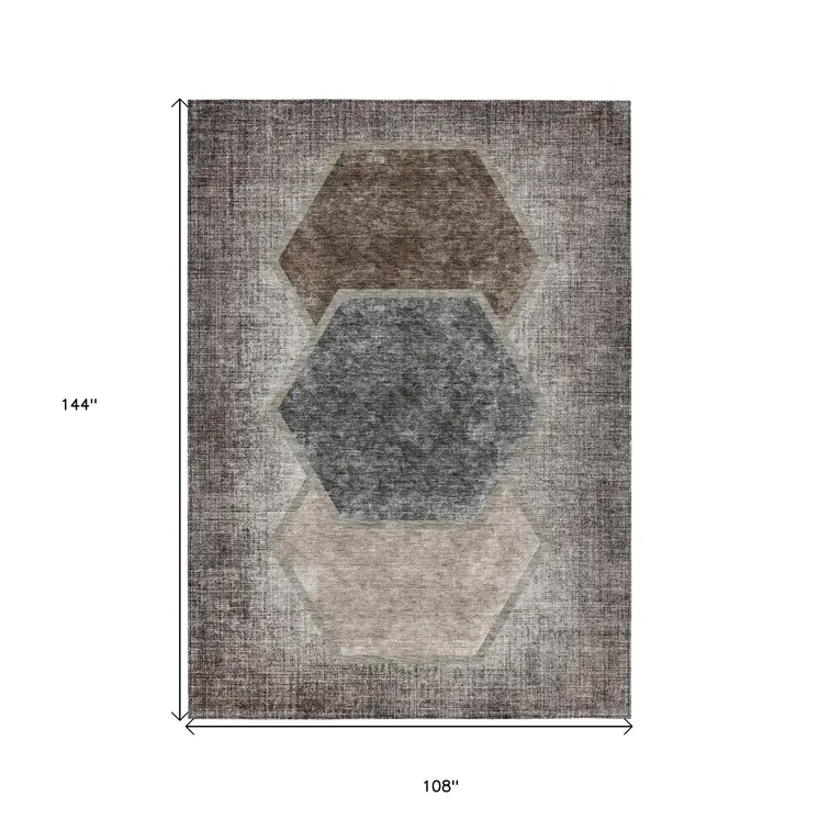 9' X 12' Chocolate And Taupe Geometric Washable Indoor Outdoor Area Rug