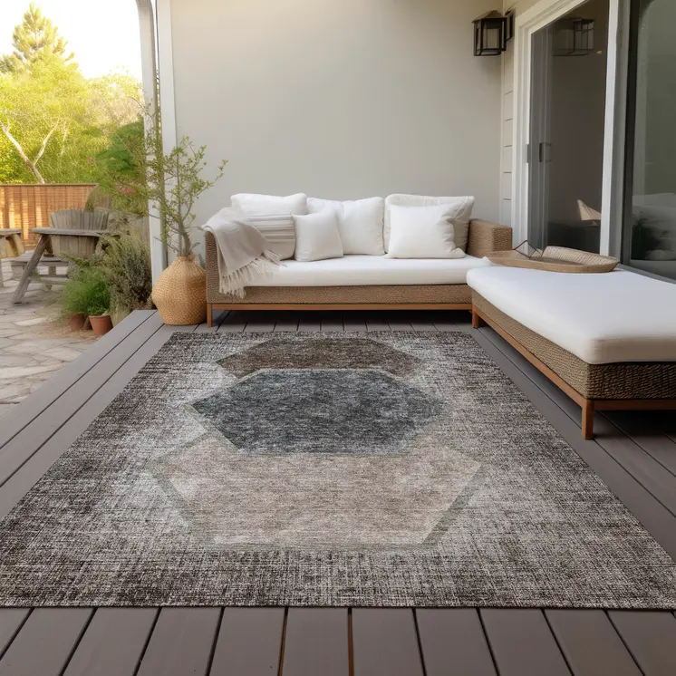 9' X 12' Chocolate And Taupe Geometric Washable Indoor Outdoor Area Rug