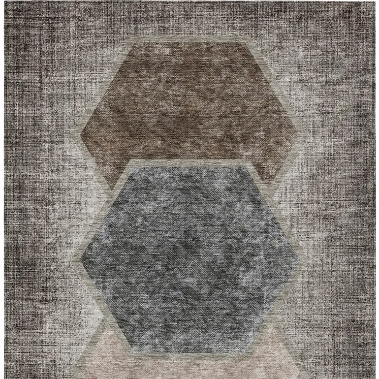 9' X 12' Chocolate And Taupe Geometric Washable Indoor Outdoor Area Rug