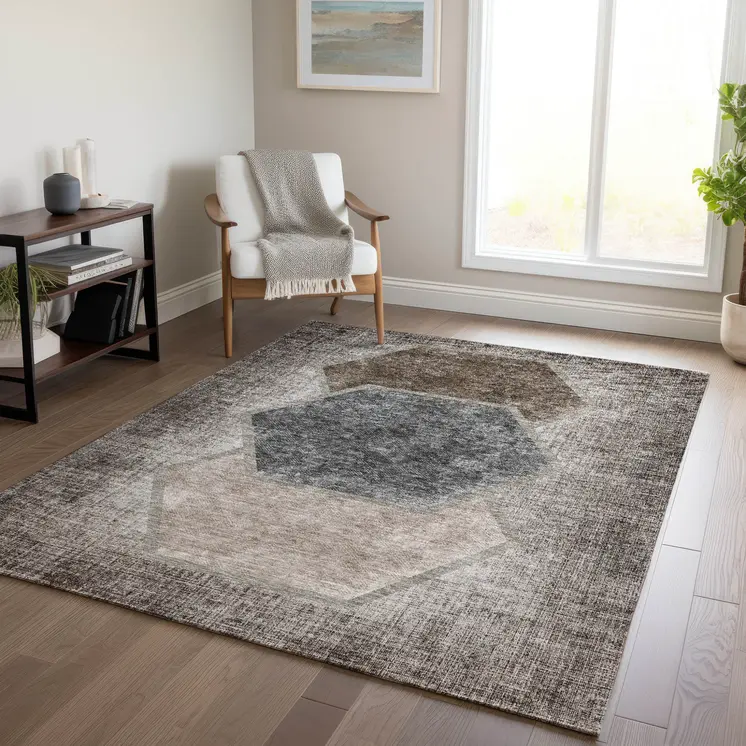 10' X 14' Chocolate And Taupe Geometric Washable Indoor Outdoor Area Rug