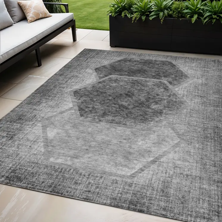 5' X 8' Gray Charcoal And Silver Geometric Washable Indoor Outdoor Area Rug