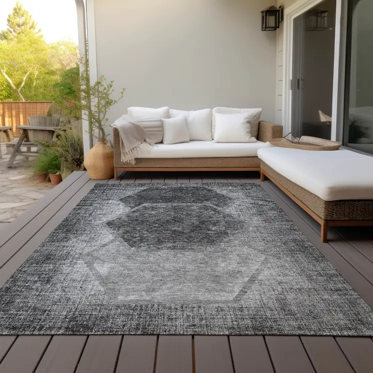 5' X 8' Gray Charcoal And Silver Geometric Washable Indoor Outdoor Area Rug