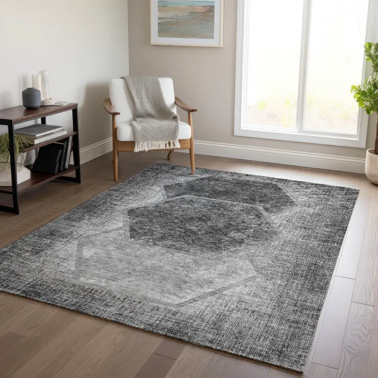 5' X 8' Gray Charcoal And Silver Geometric Washable Indoor Outdoor Area Rug