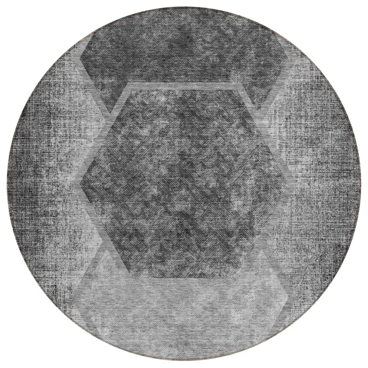 8' Gray Charcoal And Silver Round Geometric Washable Indoor Outdoor Area Rug