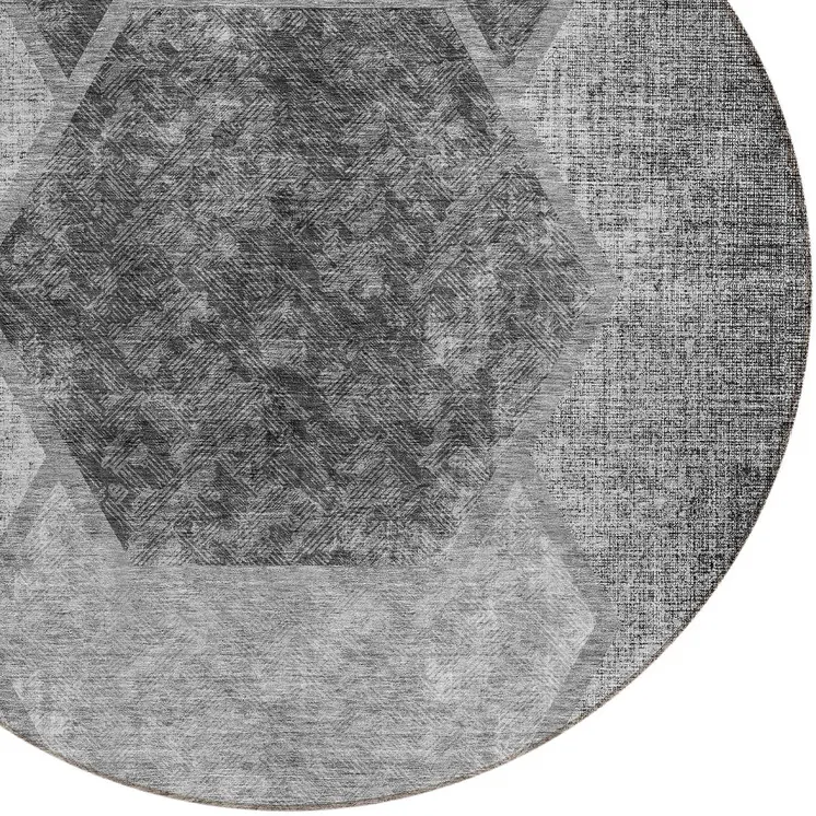 8' Gray Charcoal And Silver Round Geometric Washable Indoor Outdoor Area Rug