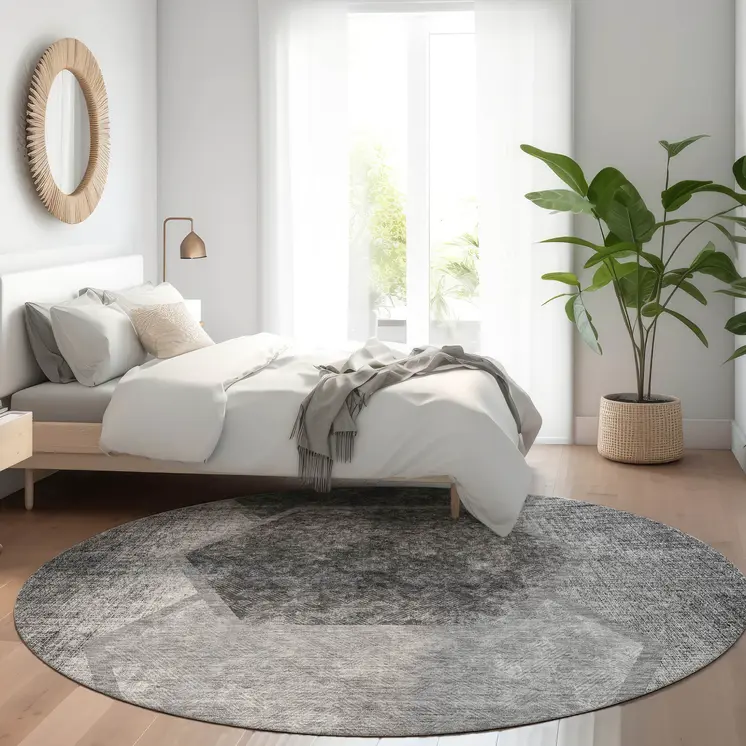 8' Gray Charcoal And Silver Round Geometric Washable Indoor Outdoor Area Rug