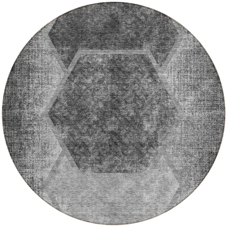 8' Gray Charcoal And Silver Round Geometric Washable Indoor Outdoor Area Rug