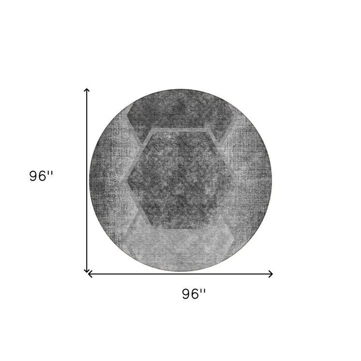8' Gray Charcoal And Silver Round Geometric Washable Indoor Outdoor Area Rug
