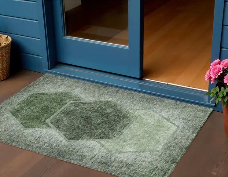 3' X 5' Olive Green And Artichoke Green Geometric Washable Indoor Outdoor Area Rug