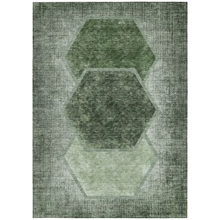 5' X 8' Olive Green And Artichoke Green Geometric Washable Indoor Outdoor Area Rug