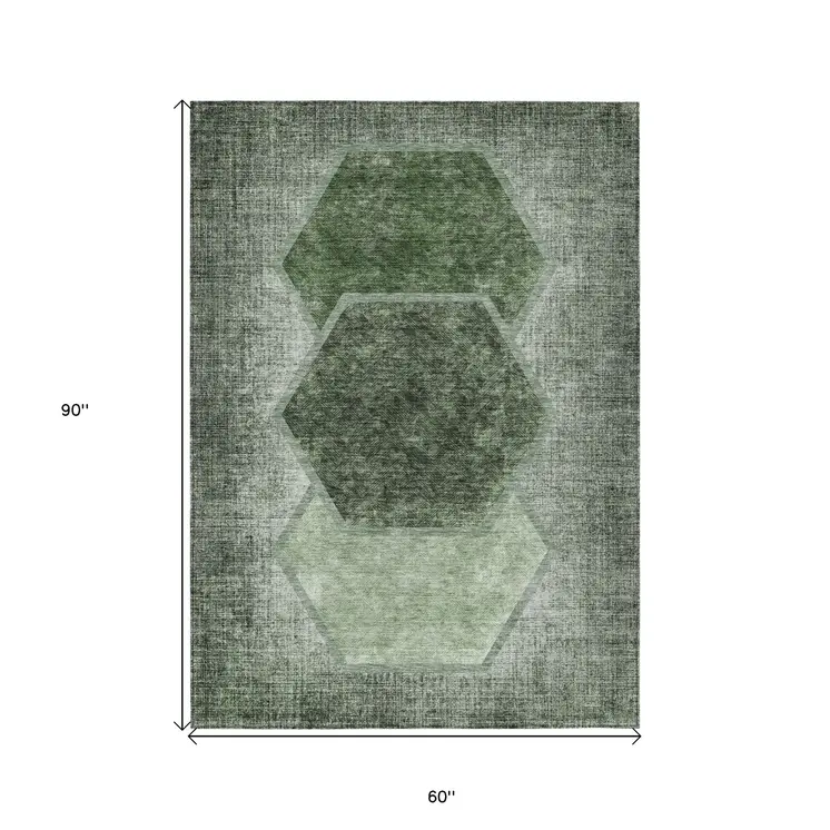 5' X 8' Olive Green And Artichoke Green Geometric Washable Indoor Outdoor Area Rug