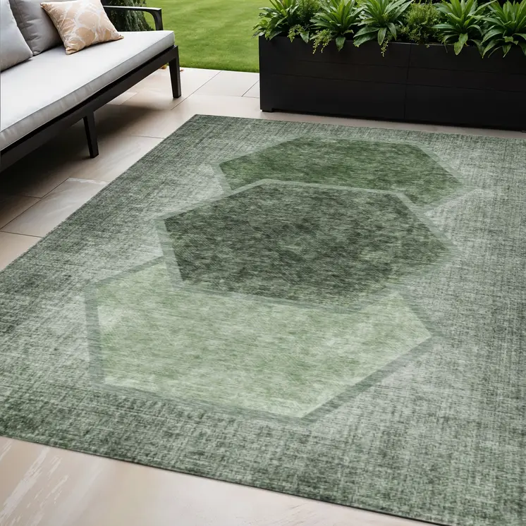 5' X 8' Olive Green And Artichoke Green Geometric Washable Indoor Outdoor Area Rug