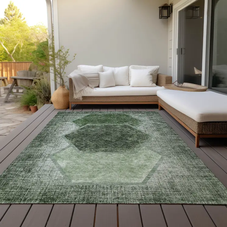 5' X 8' Olive Green And Artichoke Green Geometric Washable Indoor Outdoor Area Rug