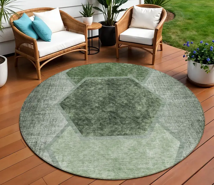 8' Olive Green And Artichoke Green Round Geometric Washable Indoor Outdoor Area Rug