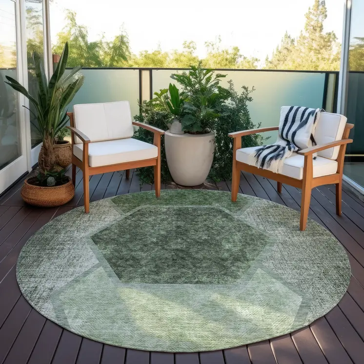 8' Olive Green And Artichoke Green Round Geometric Washable Indoor Outdoor Area Rug