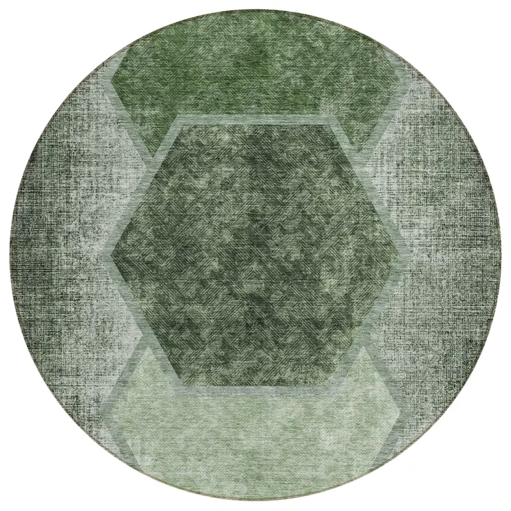 8' Olive Green And Artichoke Green Round Geometric Washable Indoor Outdoor Area Rug