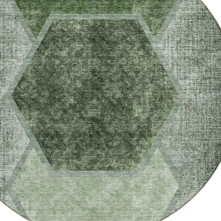 8' Olive Green And Artichoke Green Round Geometric Washable Indoor Outdoor Area Rug