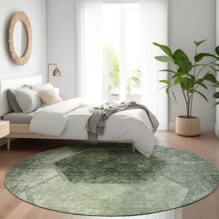 8' Olive Green And Artichoke Green Round Geometric Washable Indoor Outdoor Area Rug