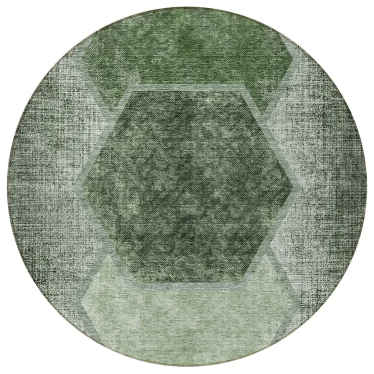 8' Olive Green And Artichoke Green Round Geometric Washable Indoor Outdoor Area Rug