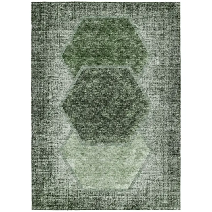 9' X 12' Olive Green And Artichoke Green Geometric Washable Indoor Outdoor Area Rug