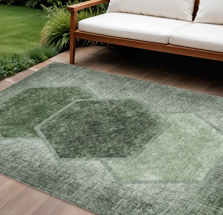 10' X 14' Olive Green And Artichoke Green Geometric Washable Indoor Outdoor Area Rug