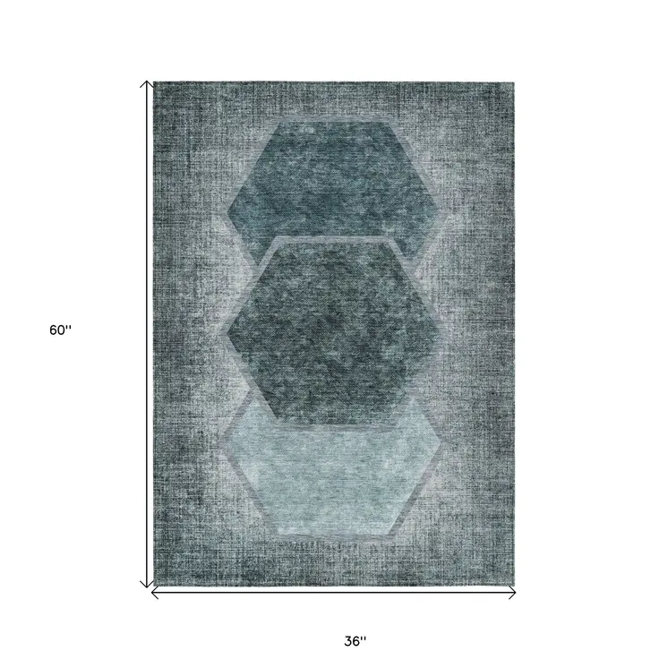 3' X 5' Teal Blue Aqua And Ivory Geometric Washable Indoor Outdoor Area Rug