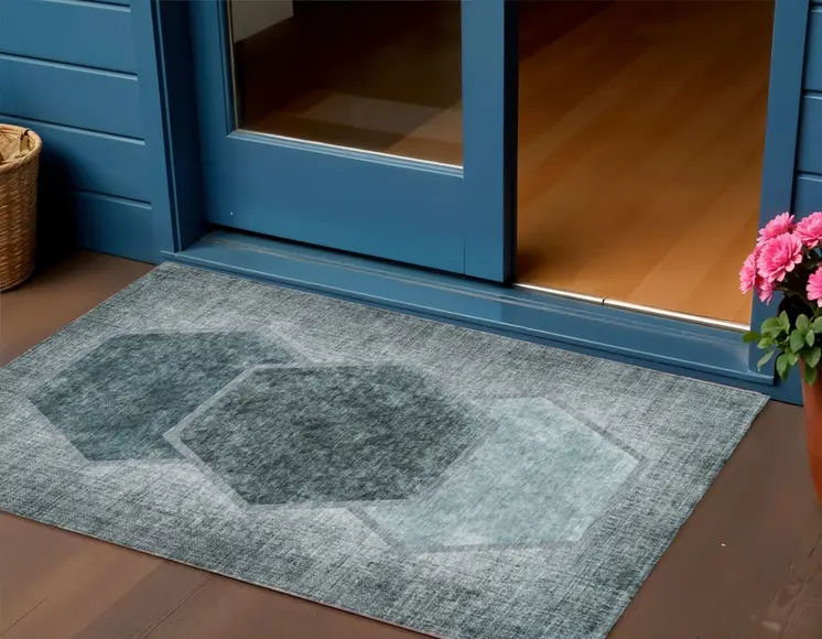 3' X 5' Teal Blue Aqua And Ivory Geometric Washable Indoor Outdoor Area Rug