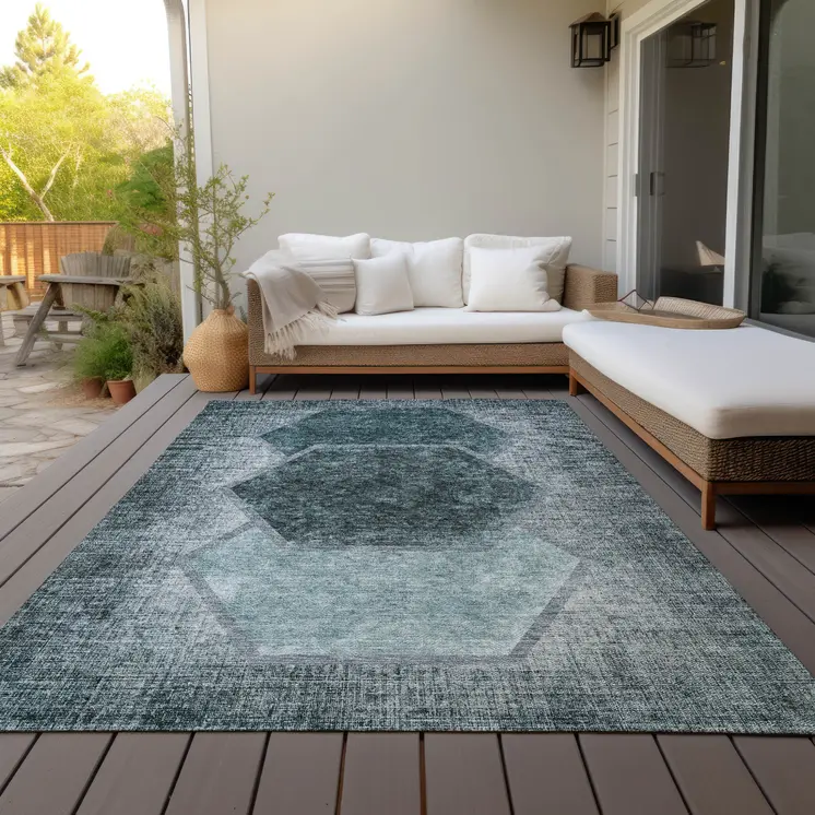 3' X 5' Teal Blue Aqua And Ivory Geometric Washable Indoor Outdoor Area Rug