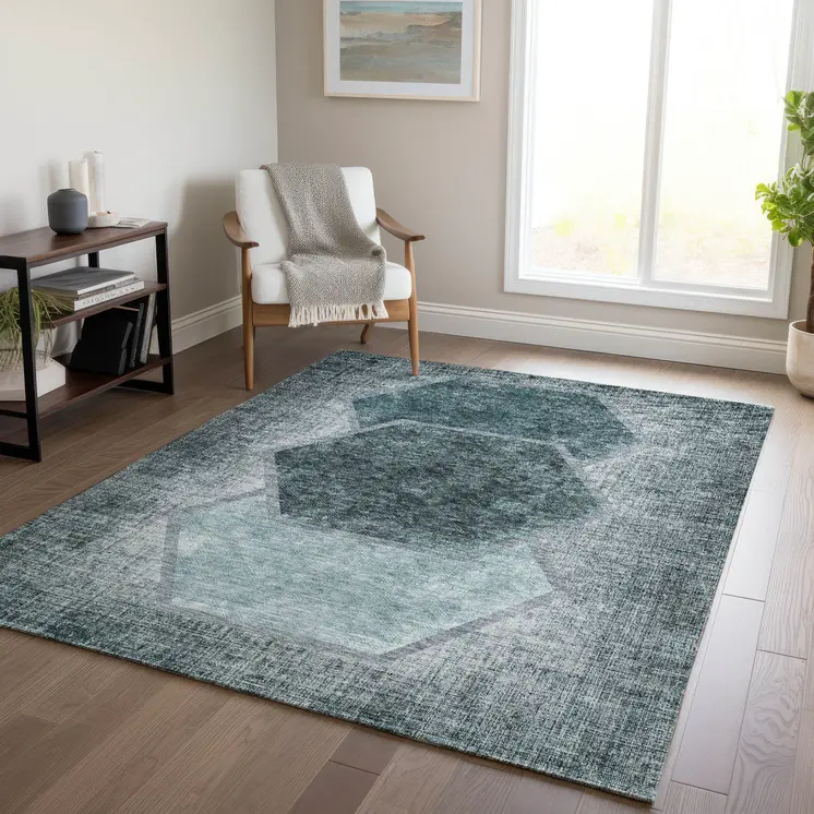 3' X 5' Teal Blue Aqua And Ivory Geometric Washable Indoor Outdoor Area Rug