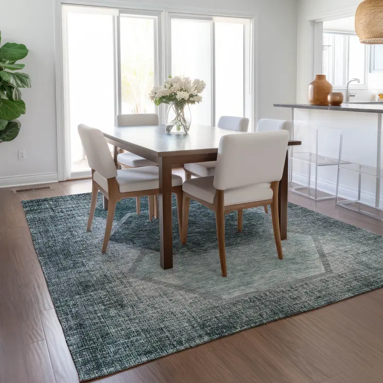 3' X 5' Teal Blue Aqua And Ivory Geometric Washable Indoor Outdoor Area Rug