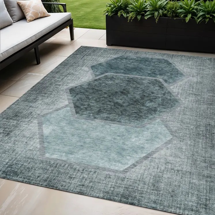 5' X 8' Teal Blue Aqua And Ivory Geometric Washable Indoor Outdoor Area Rug