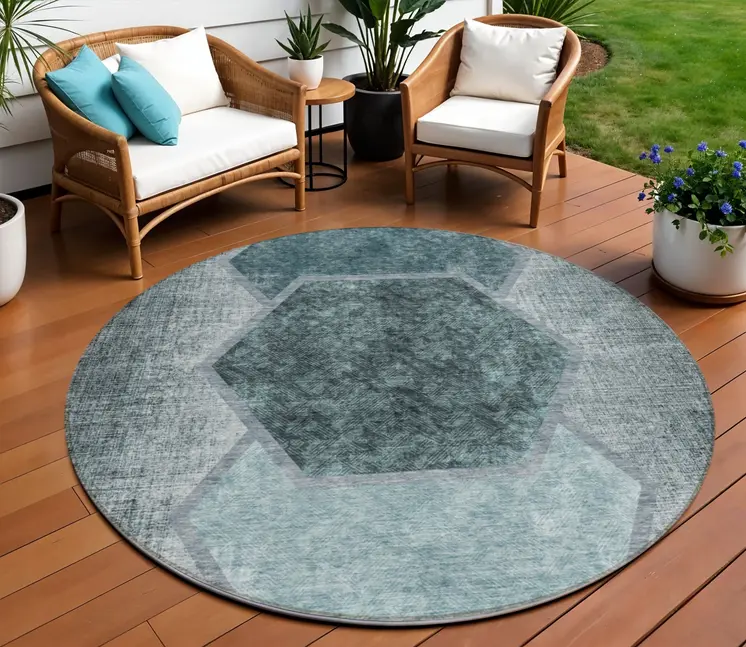 8' Teal Blue Aqua And Ivory Round Geometric Washable Indoor Outdoor Area Rug