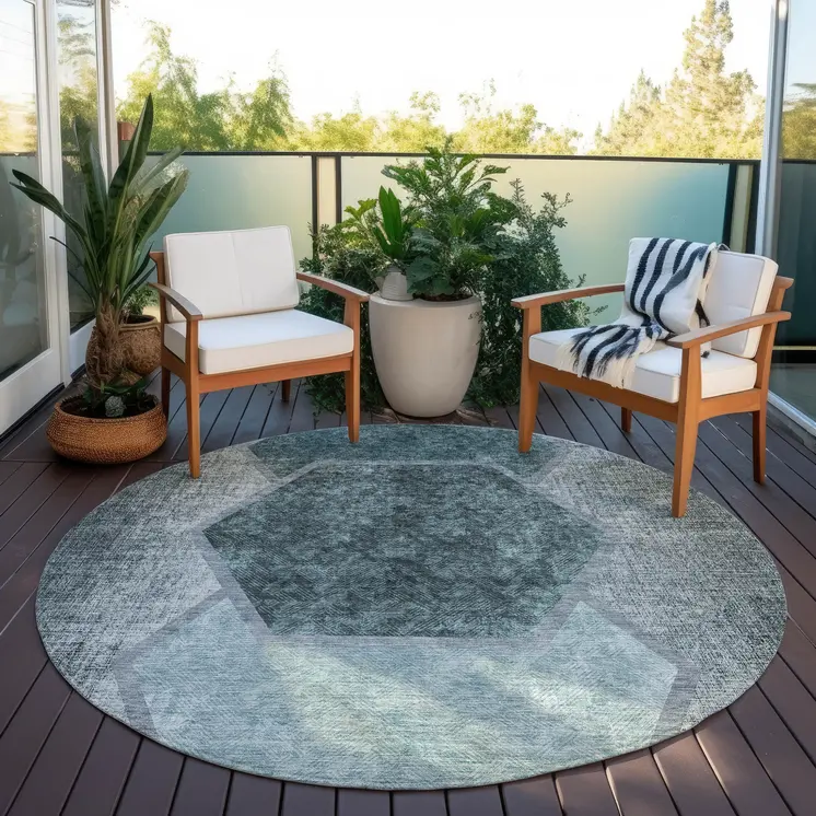 8' Teal Blue Aqua And Ivory Round Geometric Washable Indoor Outdoor Area Rug