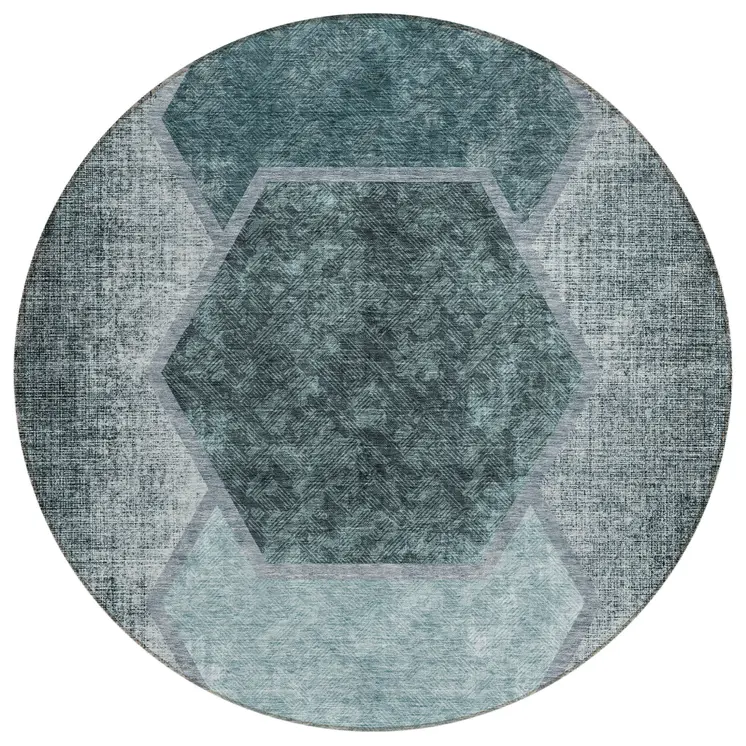 8' Teal Blue Aqua And Ivory Round Geometric Washable Indoor Outdoor Area Rug