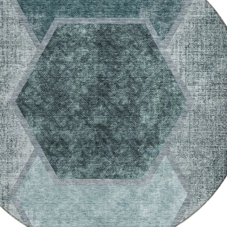 8' Teal Blue Aqua And Ivory Round Geometric Washable Indoor Outdoor Area Rug