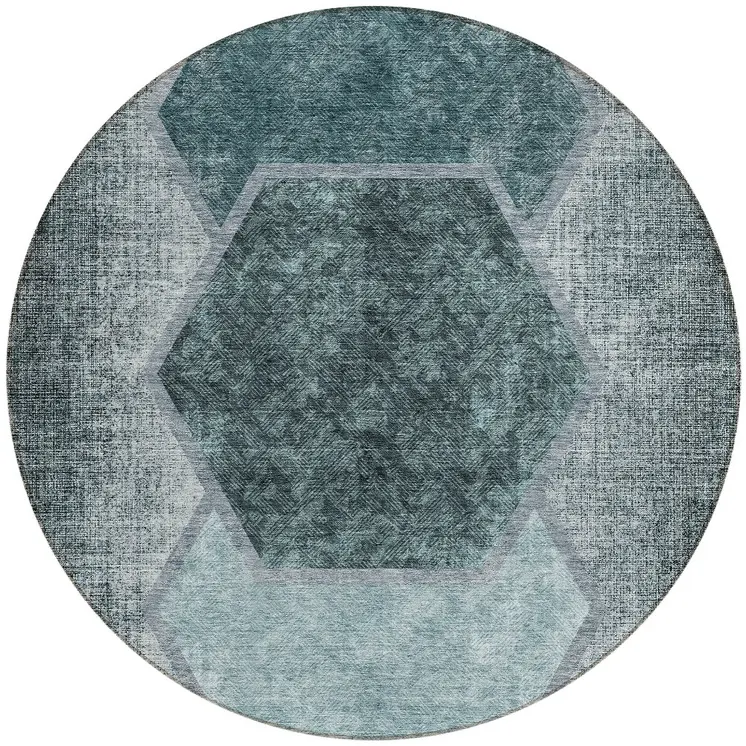 8' Teal Blue Aqua And Ivory Round Geometric Washable Indoor Outdoor Area Rug