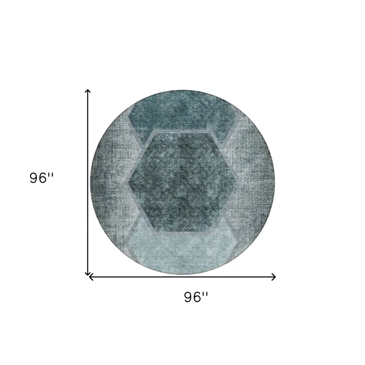 8' Teal Blue Aqua And Ivory Round Geometric Washable Indoor Outdoor Area Rug