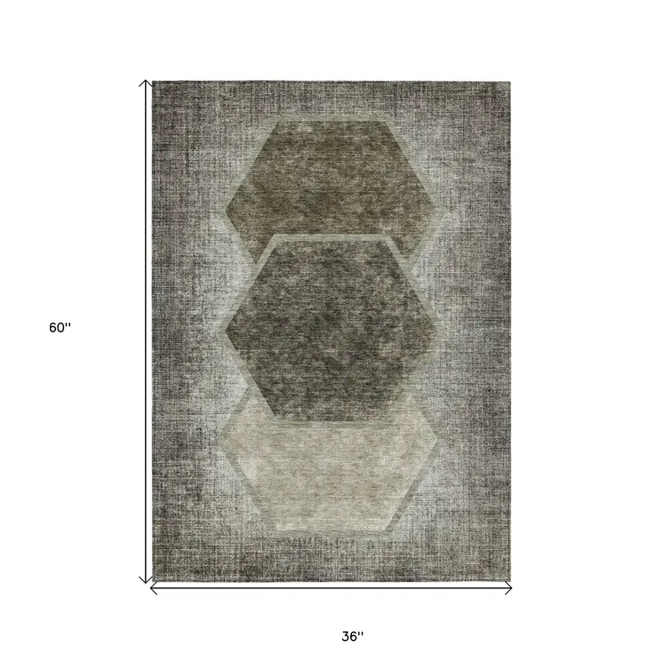 3' X 5' Taupe Beige And Chocolate Geometric Washable Indoor Outdoor Area Rug