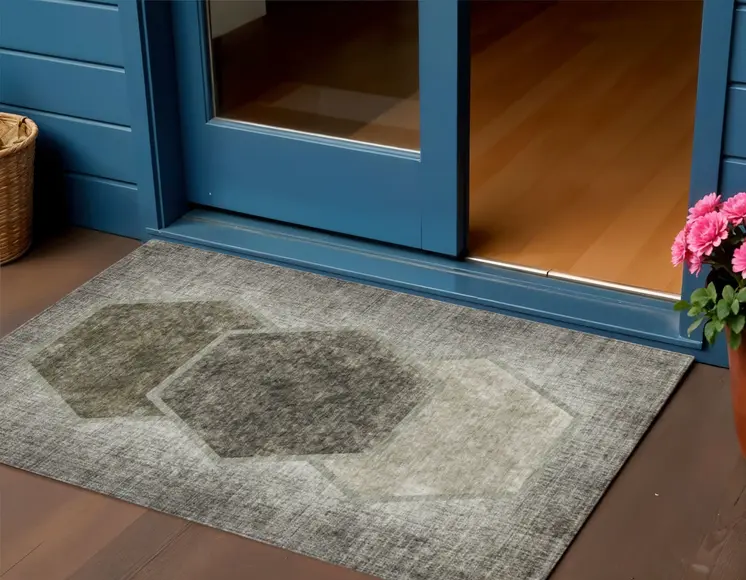 3' X 5' Taupe Beige And Chocolate Geometric Washable Indoor Outdoor Area Rug