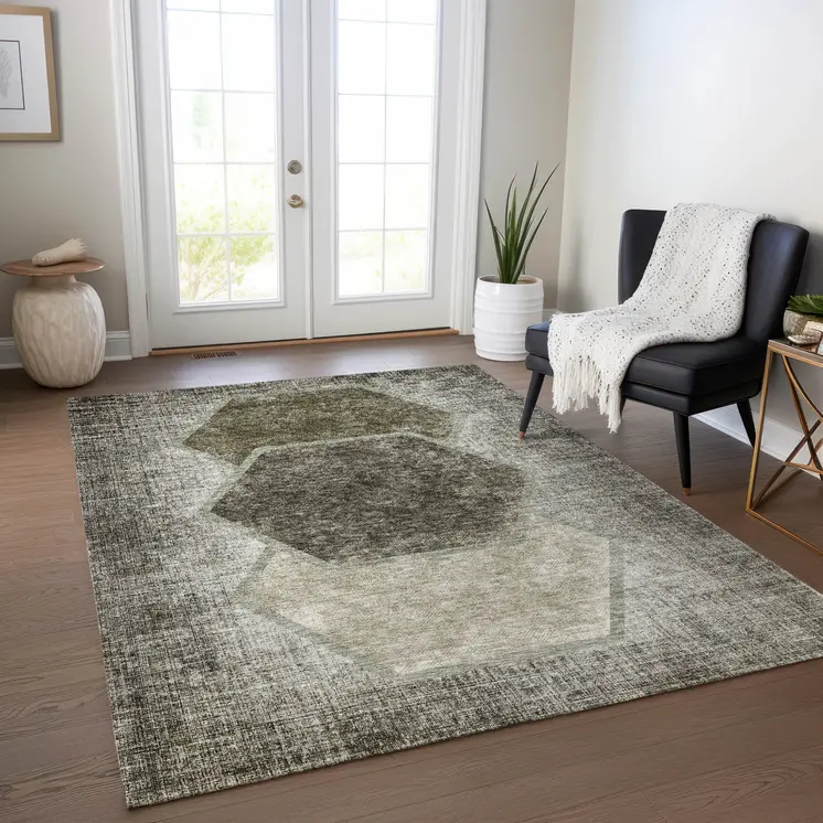 8' X 10' Taupe Beige And Chocolate Geometric Washable Indoor Outdoor Area Rug